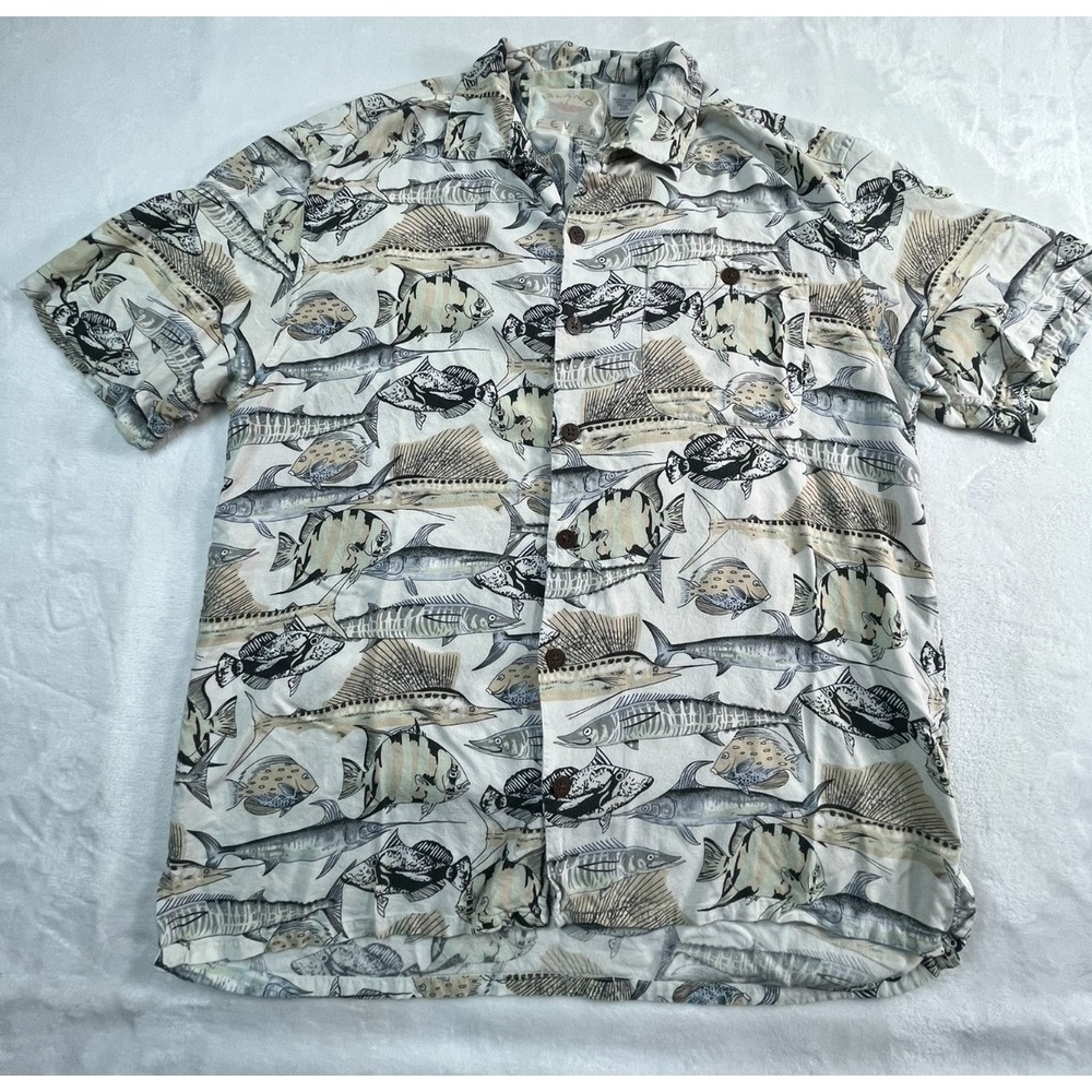 VTG Island Fever Mens M Aloha Shirt Fish Print Light Beige Blue 100% Rayon